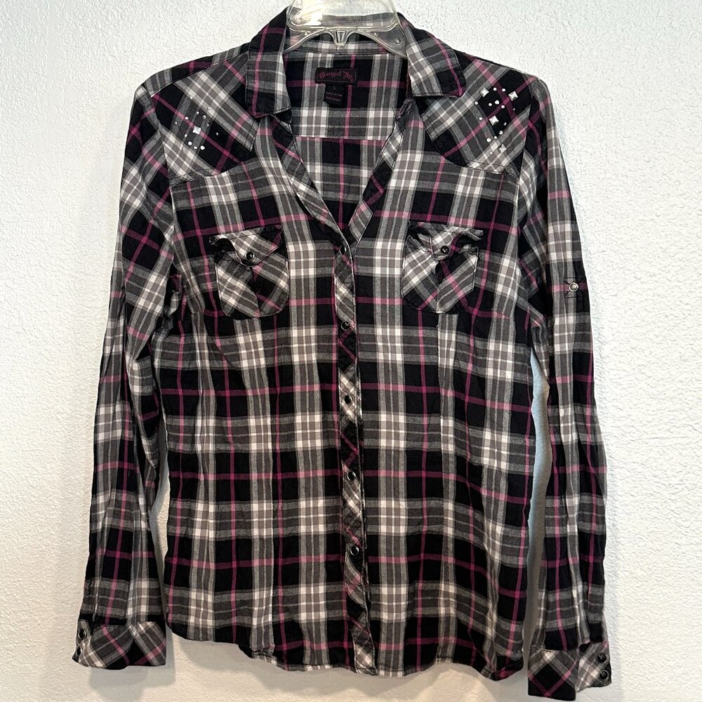 Cowgirl Up Western Shirt Snap Up Rhinestones Long Sleeve Semi Fitted Women Large